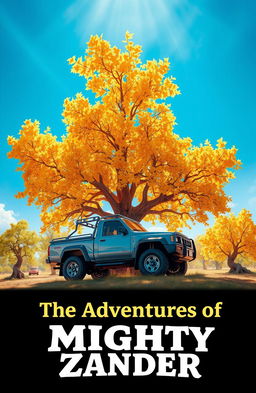 A whimsical scene featuring a majestic tree with brilliant golden leaves, standing tall amidst a clear blue sky