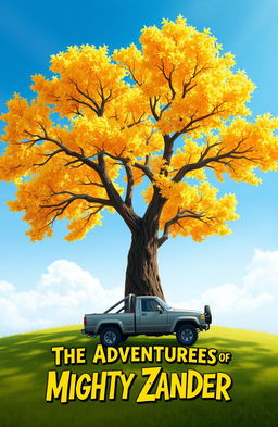 A whimsical scene featuring a majestic tree with brilliant golden leaves, standing tall amidst a clear blue sky