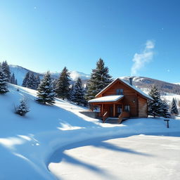 A serene winter landscape, featuring a thick blanket of snow covering rolling hills, with a clear blue sky above
