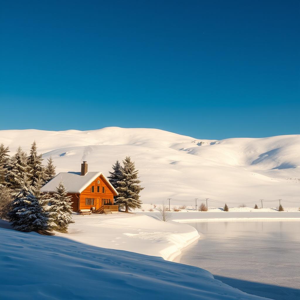 A serene winter landscape, featuring a thick blanket of snow covering rolling hills, with a clear blue sky above