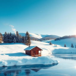 A serene winter landscape, featuring a thick blanket of snow covering rolling hills, with a clear blue sky above