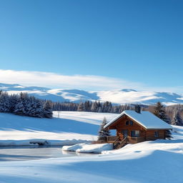 A serene winter landscape, featuring a thick blanket of snow covering rolling hills, with a clear blue sky above