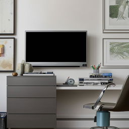 A modern study table laden with stationery and a laptop, standing next to a sleek, state-of-the-art TV unit showcasing various accessories.