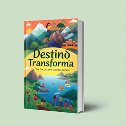Book cover design for 'Destino Transformação' featuring a vibrant and colorful illustration of diverse landscapes symbolizing social and environmental journeys