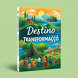 Book cover design for 'Destino Transformação' featuring a vibrant and colorful illustration of diverse landscapes symbolizing social and environmental journeys