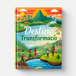 Book cover design for 'Destino Transformação' featuring a vibrant and colorful illustration of diverse landscapes symbolizing social and environmental journeys
