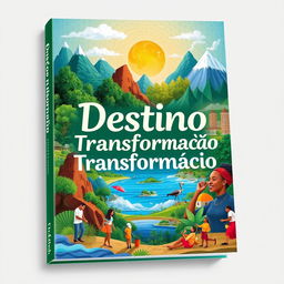 Book cover design for 'Destino Transformação' featuring a vibrant and colorful illustration of diverse landscapes symbolizing social and environmental journeys