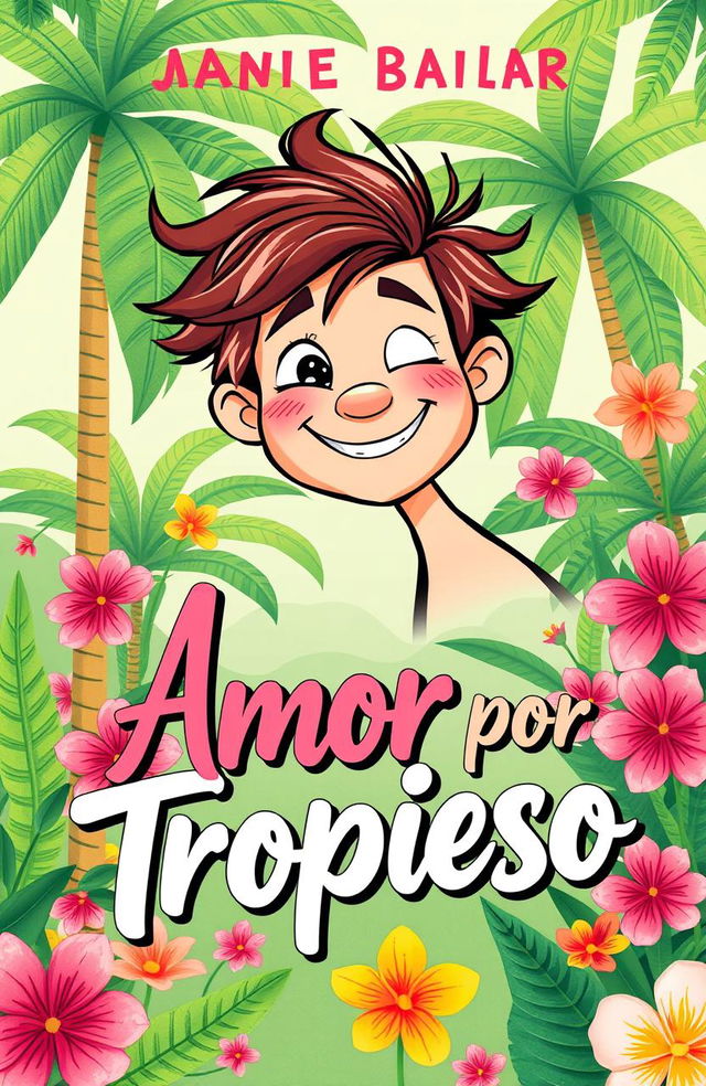 A romantic and vibrant book cover design for 'Amor por Tropieso'