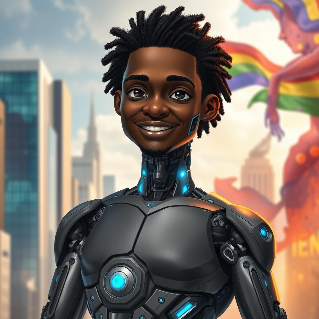 A half-man, half-cyborg version of a Black male figure inspired by George Floyd