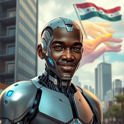 A half-man, half-cyborg version of a Black male figure inspired by George Floyd