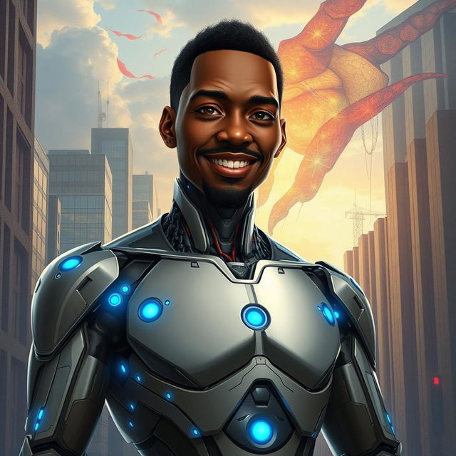 A half-man, half-cyborg version of a Black male figure inspired by George Floyd