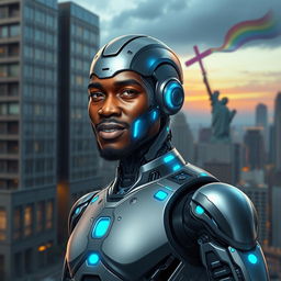 A half-man, half-cyborg version of a Black male figure inspired by George Floyd