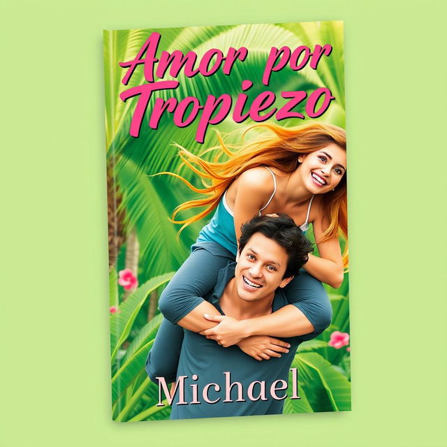 A romantic book cover for 'Amor por Tropiezo' featuring a young woman with flowing hair playfully falling on top of a young man, both with joyful and surprised expressions