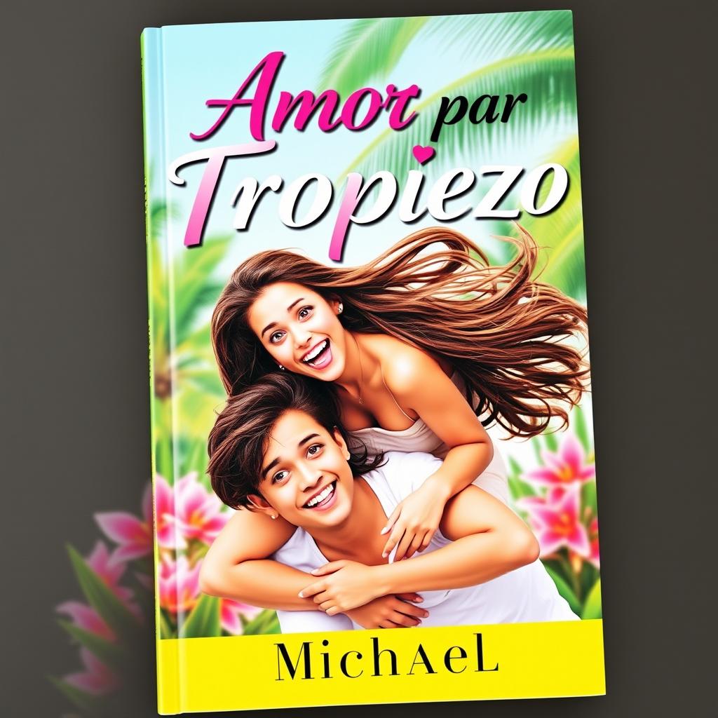 A romantic book cover for 'Amor por Tropiezo' featuring a young woman with flowing hair playfully falling on top of a young man, both with joyful and surprised expressions