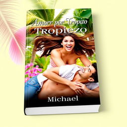 A romantic book cover for 'Amor por Tropiezo' featuring a young woman with flowing hair playfully falling on top of a young man, both with joyful and surprised expressions