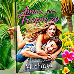 A romantic book cover for 'Amor por Tropiezo' featuring a young woman with flowing hair playfully falling on top of a young man, both with joyful and surprised expressions