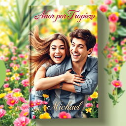 A charming and romantic book cover for 'Amor por Tropiezo' depicting a 24-year-old young woman with long, flowing hair playfully falling onto a 26-year-old young man, both displaying surprised and joyful expressions