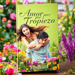 A charming and romantic book cover for 'Amor por Tropiezo' depicting a 24-year-old young woman with long, flowing hair playfully falling onto a 26-year-old young man, both displaying surprised and joyful expressions