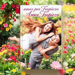 A charming and romantic book cover for 'Amor por Tropiezo' depicting a 24-year-old young woman with long, flowing hair playfully falling onto a 26-year-old young man, both displaying surprised and joyful expressions