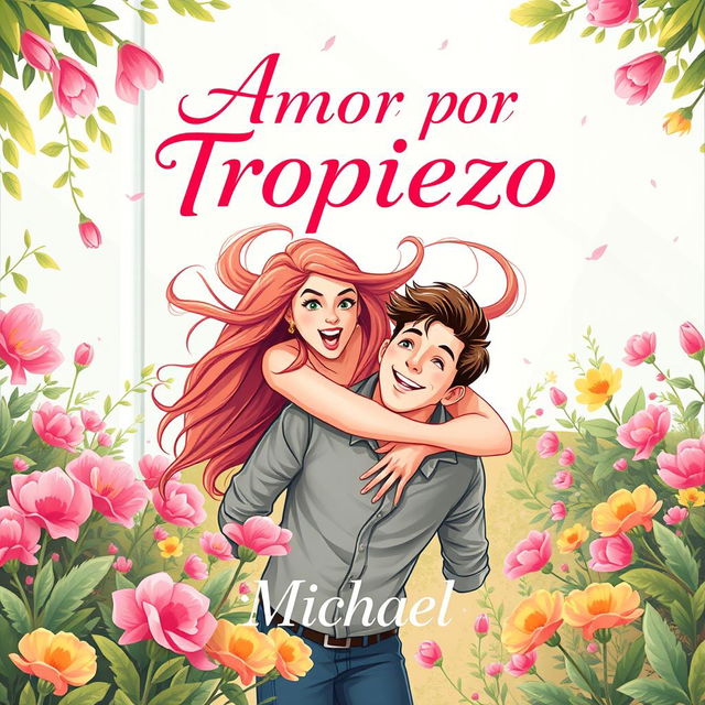 A whimsical and romantic book cover for 'Amor por Tropiezo' showcasing a 24-year-old young woman with long, flowing hair playfully falling onto a 26-year-old young man