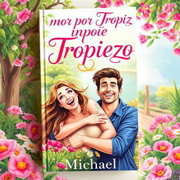 A whimsical and romantic book cover for 'Amor por Tropiezo' showcasing a 24-year-old young woman with long, flowing hair playfully falling onto a 26-year-old young man