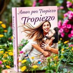 A whimsical and romantic book cover for 'Amor por Tropiezo' showcasing a 24-year-old young woman with long, flowing hair playfully falling onto a 26-year-old young man