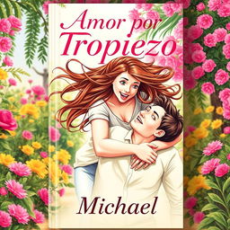 A whimsical and romantic book cover for 'Amor por Tropiezo' showcasing a 24-year-old young woman with long, flowing hair playfully falling onto a 26-year-old young man