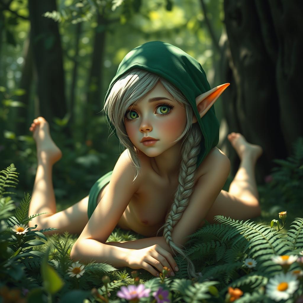 A young wood elf girl with a delicate, skinny body, lying on her belly in a lush green forest