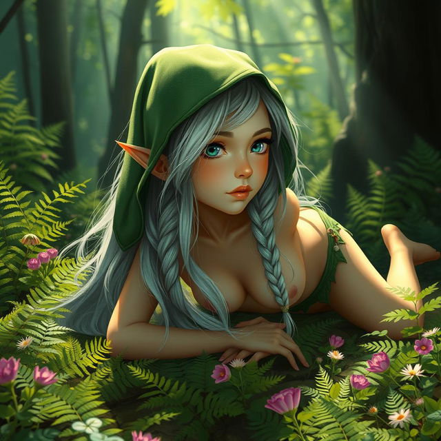 A young wood elf girl with a delicate, skinny body, lying on her belly in a lush green forest