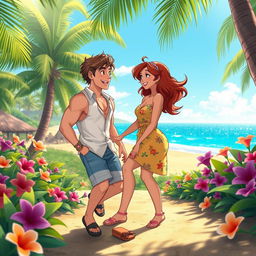 A romantic scene with two characters in a picturesque tropical paradise, sharing a spontaneous moment of laughter as one of them playfully trips over a small obstacle, surrounded by lush palm trees, colorful flowers, and a shimmering beach in the background