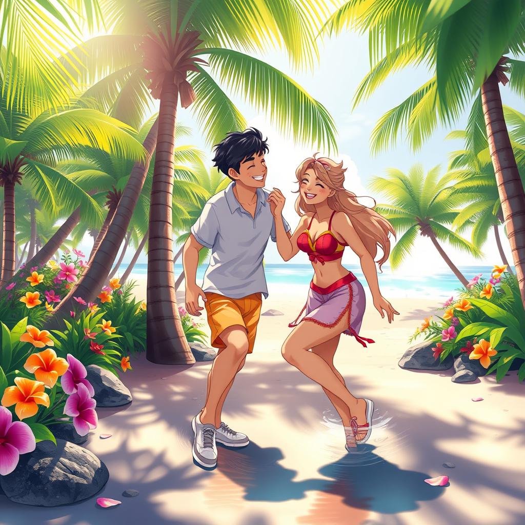 A romantic scene with two characters in a picturesque tropical paradise, sharing a spontaneous moment of laughter as one of them playfully trips over a small obstacle, surrounded by lush palm trees, colorful flowers, and a shimmering beach in the background