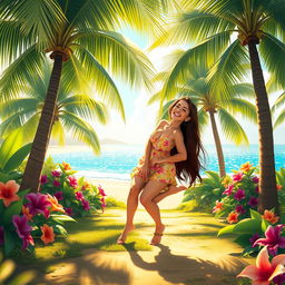 A romantic scene with two characters in a picturesque tropical paradise, sharing a spontaneous moment of laughter as one of them playfully trips over a small obstacle, surrounded by lush palm trees, colorful flowers, and a shimmering beach in the background