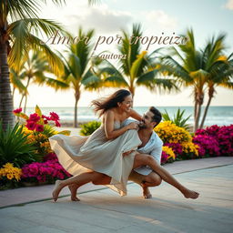 A romantic scene set in a tropical paradise, where a woman playfully trips and falls onto a man, showcasing a moment of surprise and affection