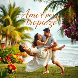 A romantic scene set in a tropical paradise, where a woman playfully trips and falls onto a man, showcasing a moment of surprise and affection