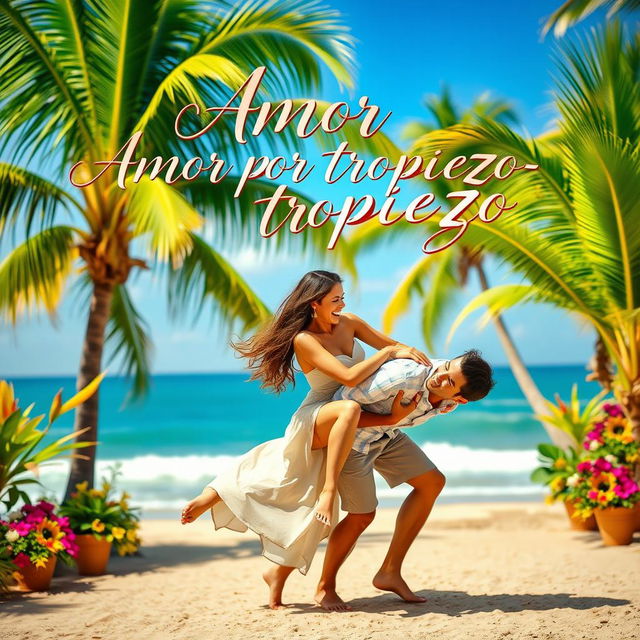 A romantic scene set in a tropical paradise, where a woman playfully trips and falls onto a man, showcasing a moment of surprise and affection