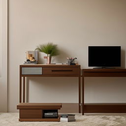 A modern study table laden with stationery and a laptop, standing next to a sleek, state-of-the-art TV unit showcasing various accessories.