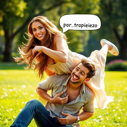 A romantic and humorous scene where a woman unexpectedly falls on top of a man, both looking surprised yet amused