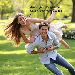 A romantic and humorous scene where a woman unexpectedly falls on top of a man, both looking surprised yet amused