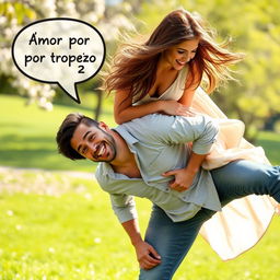 A romantic and humorous scene where a woman unexpectedly falls on top of a man, both looking surprised yet amused