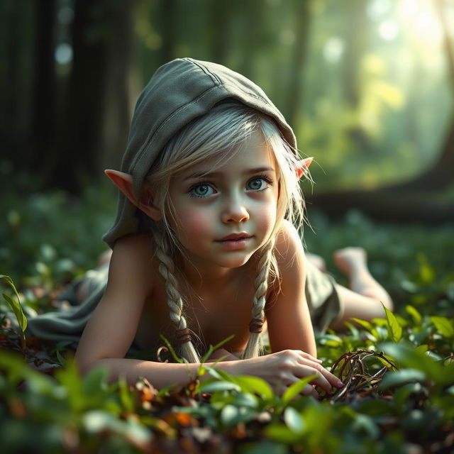 A young wood elf girl, wearing a hood, with silvery braided hair, has a skinny body