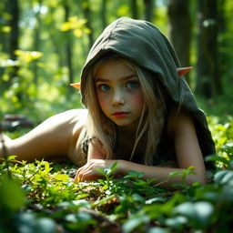 A young wood elf girl, wearing a hood, with silvery braided hair, has a skinny body