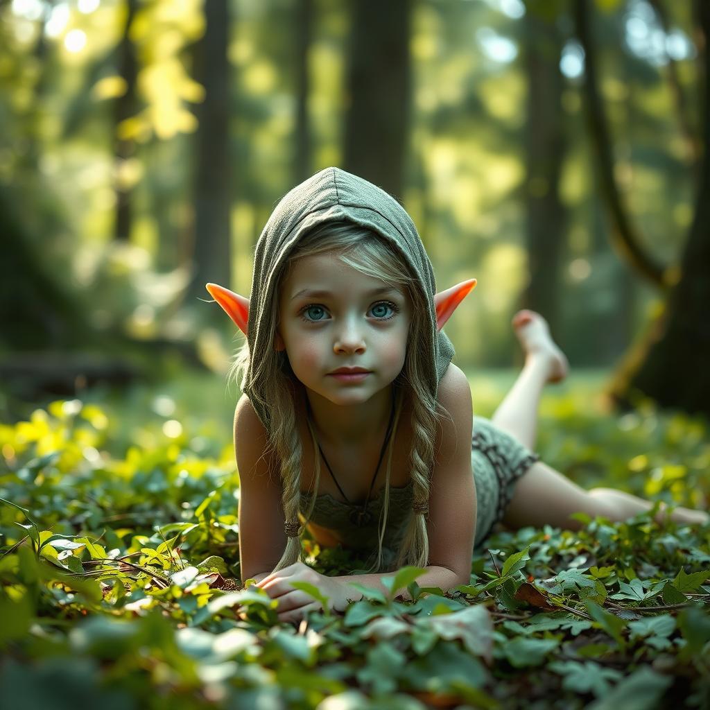 A young wood elf girl, wearing a hood, with silvery braided hair, has a skinny body