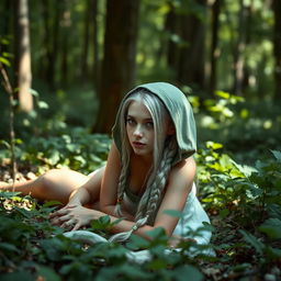 A beautiful, ethereal elf girl with silvery braided hair, wearing a hood, lies gracefully on the forest floor surrounded by lush greenery