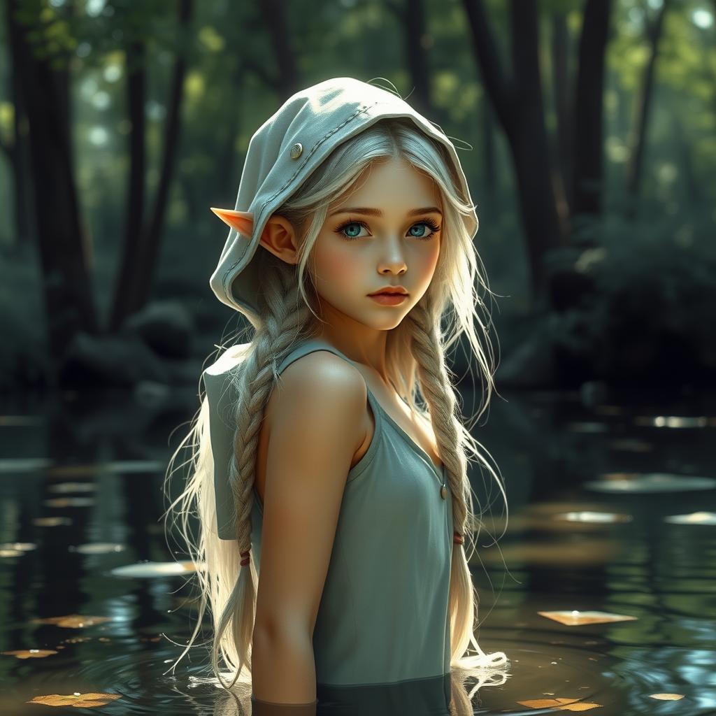 A beautiful elfin girl with braided silvery hair, wearing a hood, gracefully standing in a serene pond surrounded by a lush forest