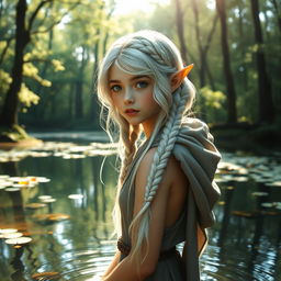 A beautiful elfin girl with braided silvery hair, wearing a hood, gracefully standing in a serene pond surrounded by a lush forest