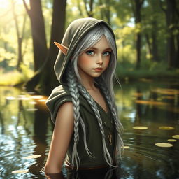 A beautiful elfin girl with braided silvery hair, wearing a hood, gracefully standing in a serene pond surrounded by a lush forest