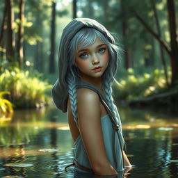 A beautiful elfin girl with braided silvery hair, wearing a hood, gracefully standing in a serene pond surrounded by a lush forest
