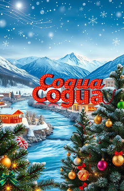 A festive Christmas background featuring iconic tourist sites including picturesque rivers flowing gracefully through snowy landscapes, majestic mountains covered in snow, and the vibrant word 'Cogua' artistically integrated into the scene