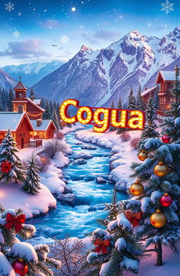 A festive Christmas background featuring iconic tourist sites including picturesque rivers flowing gracefully through snowy landscapes, majestic mountains covered in snow, and the vibrant word 'Cogua' artistically integrated into the scene