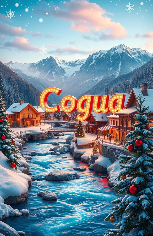 A festive Christmas background featuring iconic tourist sites including picturesque rivers flowing gracefully through snowy landscapes, majestic mountains covered in snow, and the vibrant word 'Cogua' artistically integrated into the scene